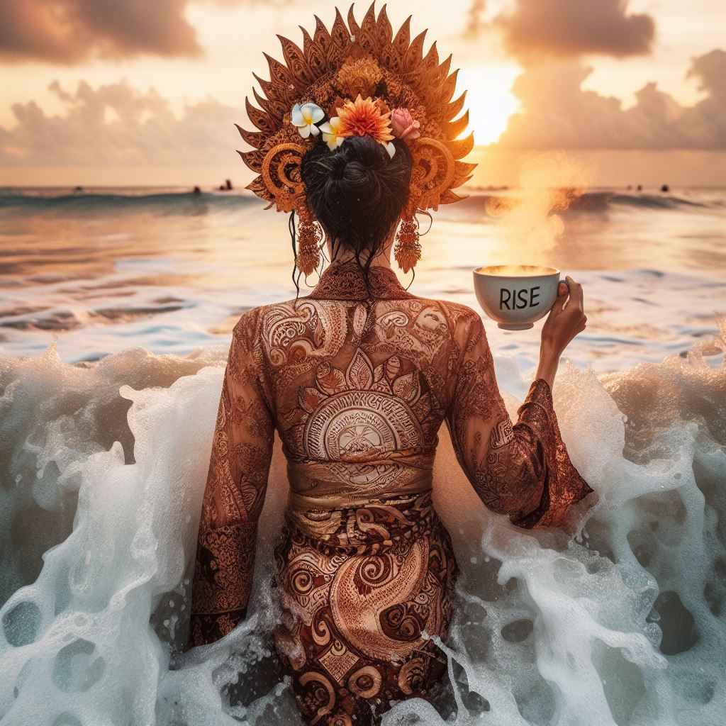 A woman wearing an elaborate orange/brown dress and headpiece walking into the ocean with a cup of tea in her right hand.
